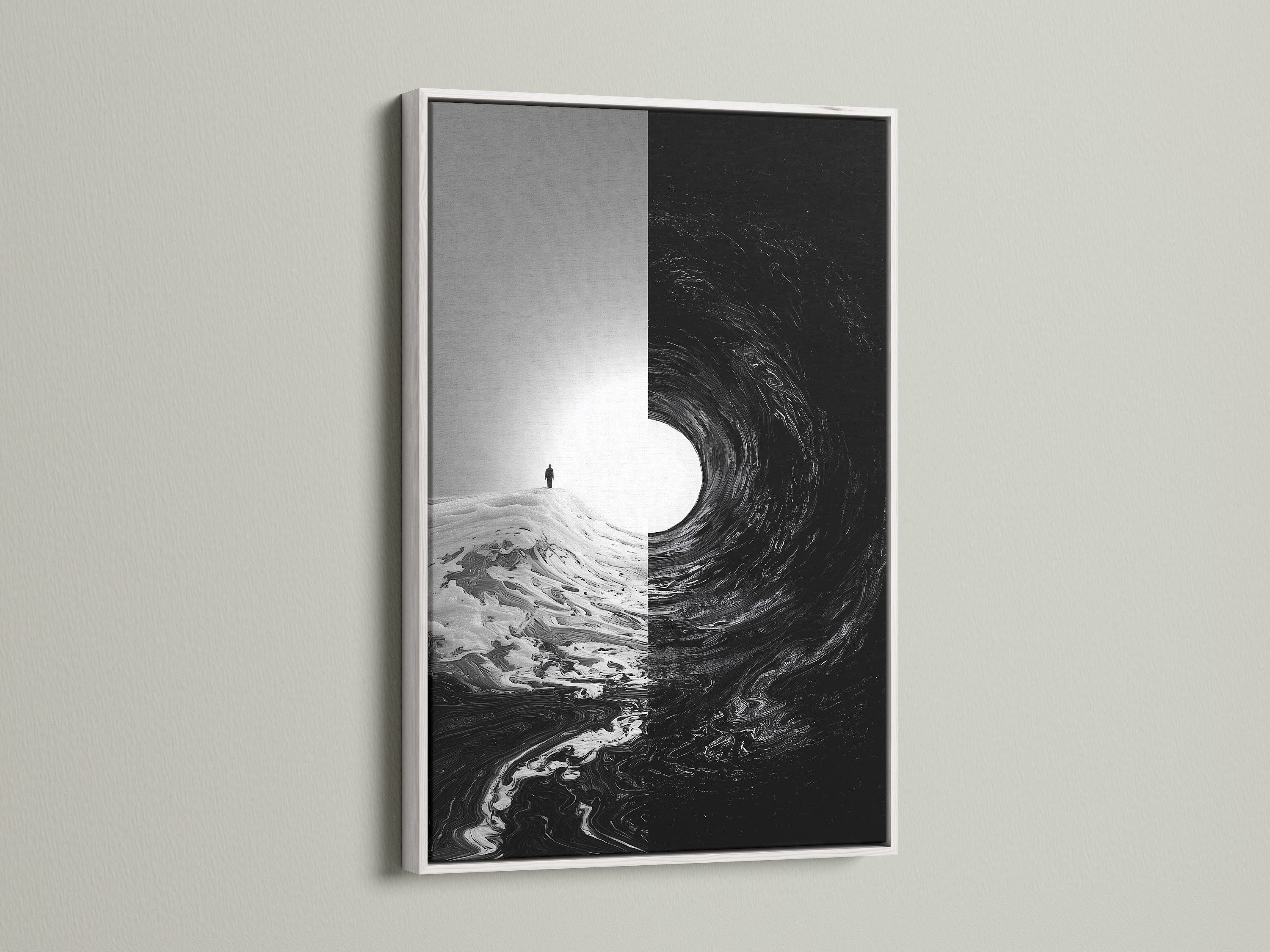 The artwork is encased in a sleek white frame. White frames offer a clean and modern aesthetic. They provide a neutral border that highlights the art itself. Discover the elegance of white frames for your artwork.