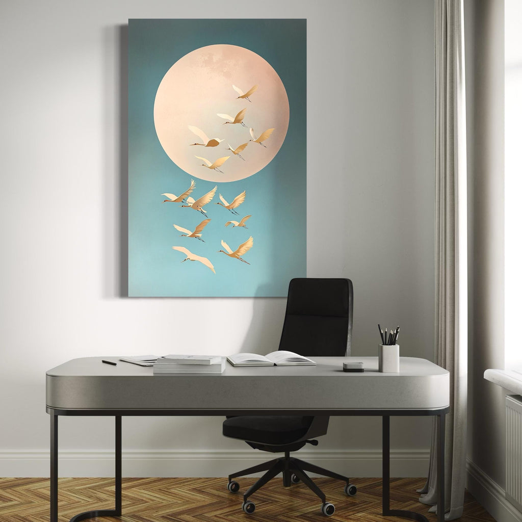 Zen Bedroom Wall Art Beige Moon Art Pastel Canvas Prints Tsuru Birds Print Spring Prints Sky Blue Japanese Cranes Wall Art Large Japandi Art