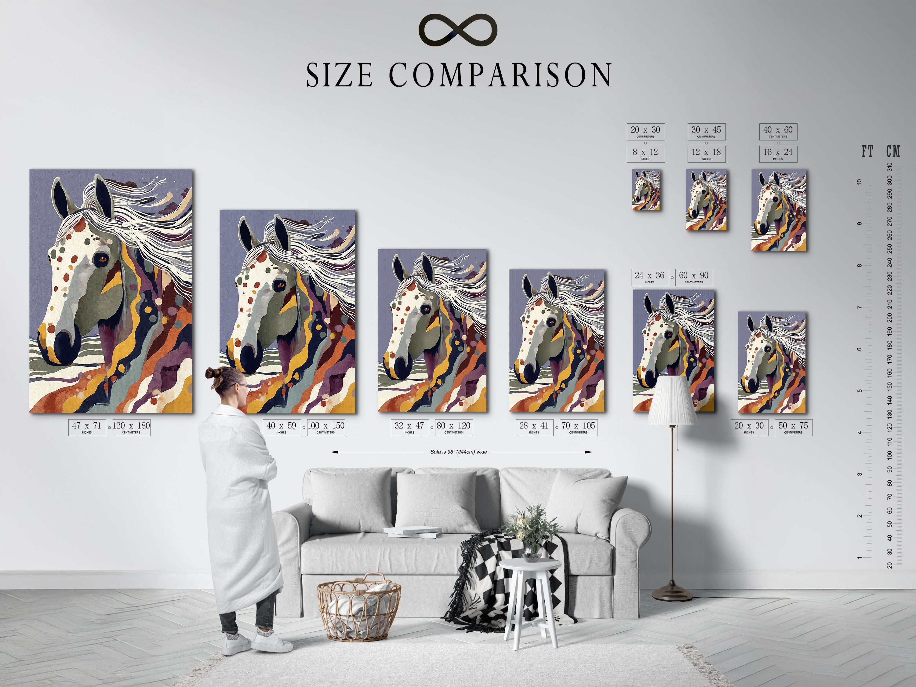 The size comparison chart showcases the abstract horse artwork in an interior setting. This chart helps visualize the artwork's scale. It aids in choosing the perfect size for your space. Ideal for homeowners renters and interior decorators.