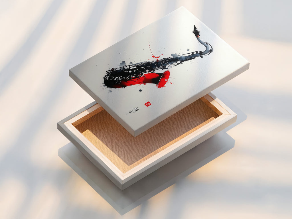 Explore a stretched canvas print of saxophone wall art. Ready to hang and enjoy instantly. The vibrant colors and details pop. This jazz music canvas print is a statement piece. Perfect for your home or office. Transform your space today.