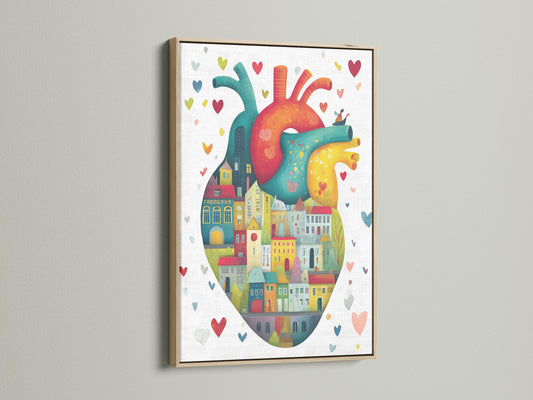 Anatomical heart art in an oak frame. The artwork showcases colorful city houses forming a heart. This medical wall art is perfect for adding a touch of whimsy. It is ideal for medical offices or home decor. The oak frame complements the contemporary style.