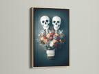 A striking floral skeleton artwork framed in oak. This piece combines gothic and floral elements. It is ideal for macabre decor. The artwork is perfect for adding a spooky touch to your home. It is a unique addition to any art collection. The oak frame enhances the artwork's dark academia aesthetic.