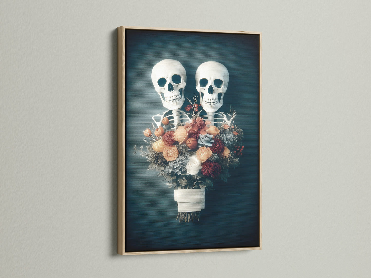 A striking floral skeleton artwork framed in oak. This piece combines gothic and floral elements. It is ideal for macabre decor. The artwork is perfect for adding a spooky touch to your home. It is a unique addition to any art collection. The oak frame enhances the artwork's dark academia aesthetic.