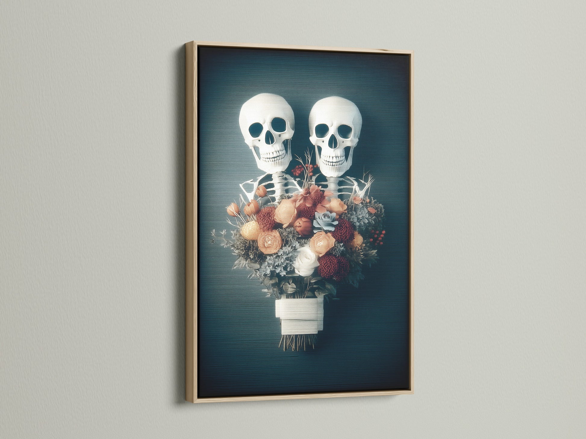 A striking floral skeleton artwork framed in oak. This piece combines gothic and floral elements. It is ideal for macabre decor. The artwork is perfect for adding a spooky touch to your home. It is a unique addition to any art collection. The oak frame enhances the artwork's dark academia aesthetic.