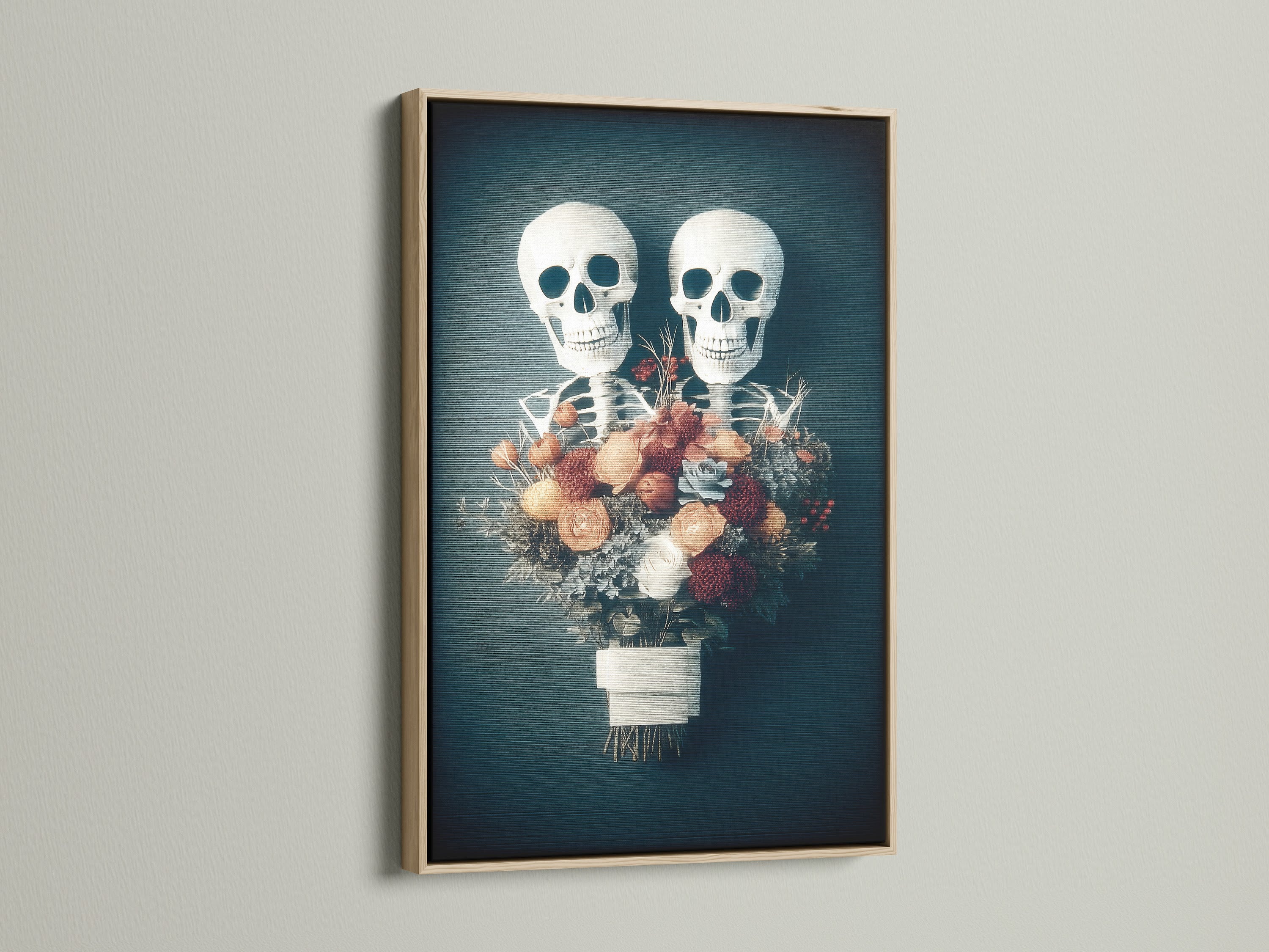 A striking floral skeleton artwork framed in oak. This piece combines gothic and floral elements. It is ideal for macabre decor. The artwork is perfect for adding a spooky touch to your home. It is a unique addition to any art collection. The oak frame enhances the artwork's dark academia aesthetic.