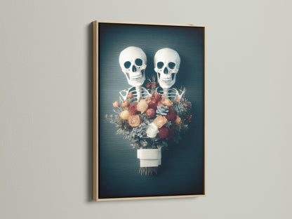 A striking floral skeleton artwork framed in oak. This piece combines gothic and floral elements. It is ideal for macabre decor. The artwork is perfect for adding a spooky touch to your home. It is a unique addition to any art collection. The oak frame enhances the artwork's dark academia aesthetic.