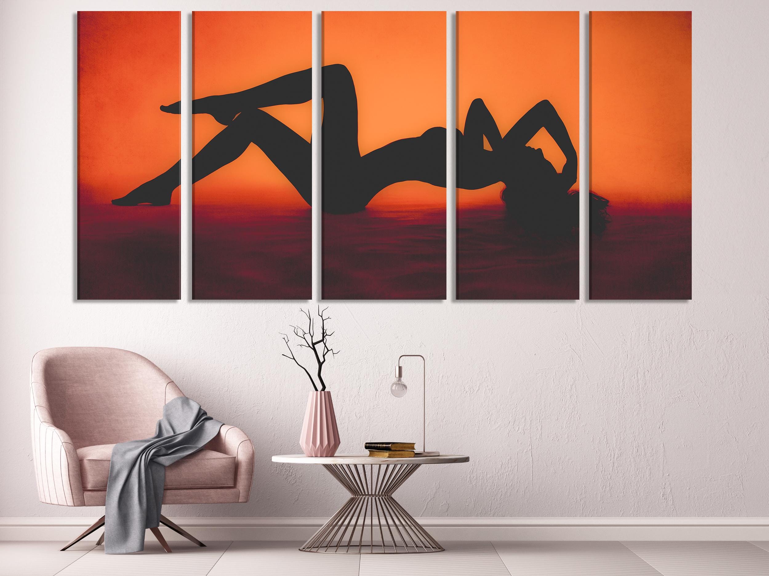 Female Silhouette Wall Art Boudoir Canvas Print Sexy Woman Artwork Orange Minimalist Decor Modern Gift for Couples Bedroom Living Room
