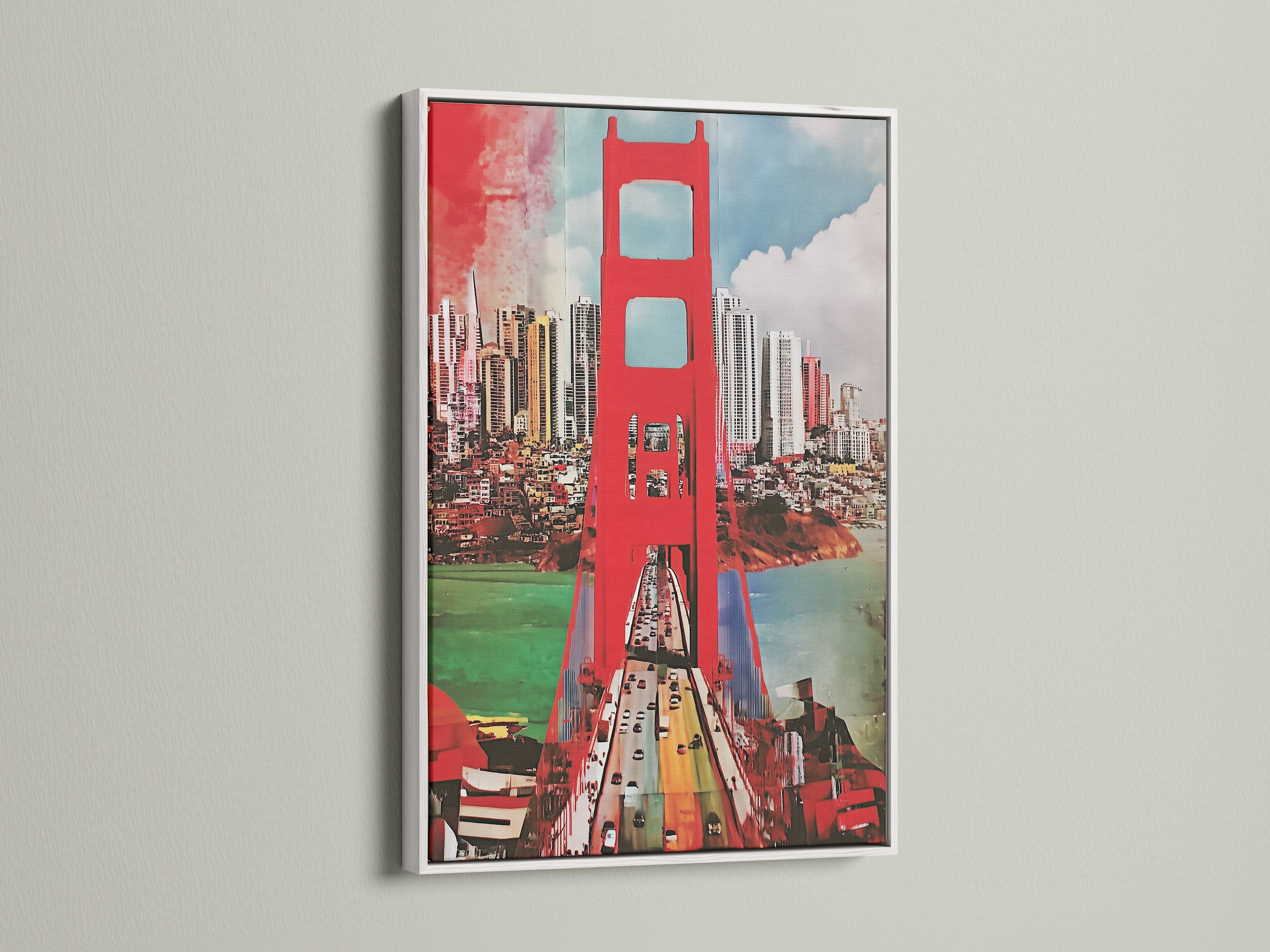 See the Golden Gate Bridge canvas art in a white frame. The bright white frame offers a clean modern look. This frame makes the travel wall art pop. It is ideal for modern artwork in offices or studios.