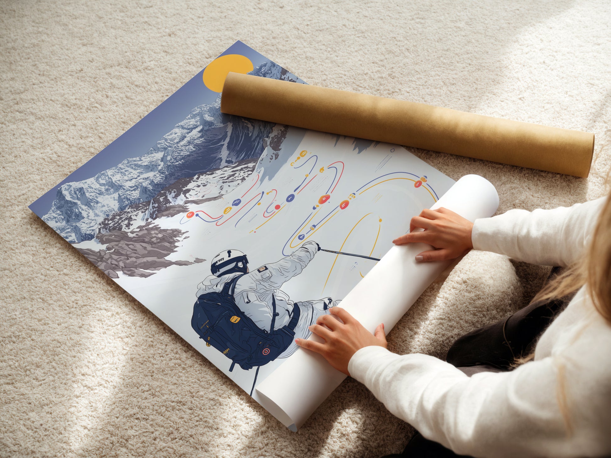 A woman carefully rolls a fine art poster paper. The poster features skiing Mountain artwork. It is perfect for winter sport enthusiasts. The fine art paper ensures high-quality print. This poster is ideal for chalet decor. Add a touch of elegance to your space with this artwork.