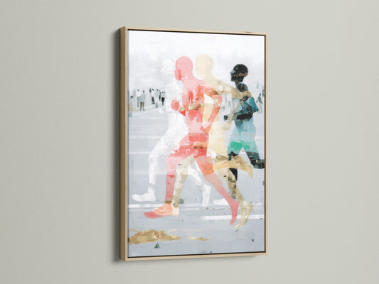 Abstract Runners Art Print with an oak frame on a white wall. This modern sports wall art adds sophistication to any space. The contemporary figure canvas print features coral and teal hues. Enhance your office wall decor with this unique runner artwork.