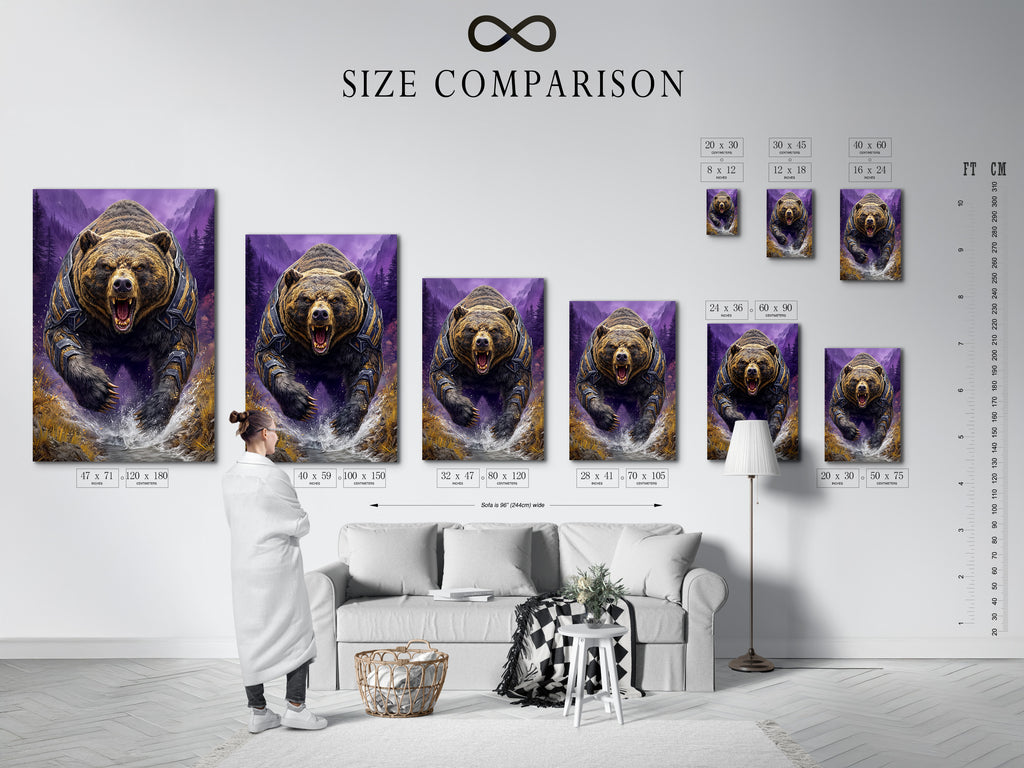 Size comparison chart displayed in an interior setting featuring the Grizzly Bear artwork. Fantasy wildlife art of a bear in armor with purple mountains. Visualize the perfect size for your man cave or adventure themed room.