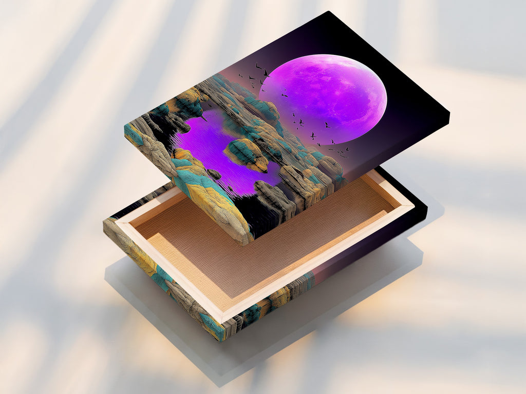 A stretched canvas print displays celestial moon art. This purple lunar landscape is perfect for home decor. Ideal for adding a fantasy touch to your living room or bedroom. Shop modern art today.