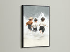 Children at Play artwork with a black frame. A bold and stylish choice. This black frame accentuates the seascape artwork. Ideal for creating a focal point in any room. The contrast enhances the neutral tones. This artwork is perfect for beach house decor. Bring coastal elegance to your walls.