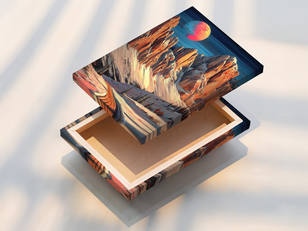 Experience the beauty of this stretched canvas print featuring mountain artwork. The winter landscape comes to life with peach and teal hues. Ready to hang this piece adds instant elegance to any room. Perfect for homeowners and interior stylists. Embrace the alpine aesthetic.