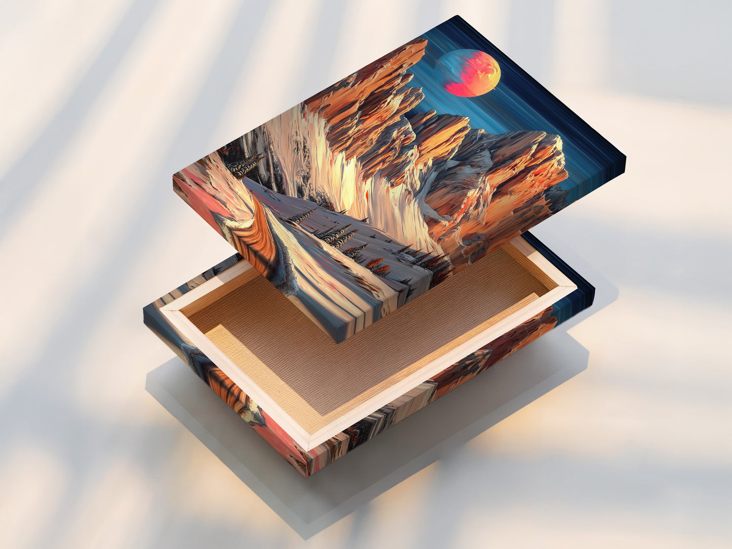 Experience the beauty of this stretched canvas print featuring mountain artwork. The winter landscape comes to life with peach and teal hues. Ready to hang this piece adds instant elegance to any room. Perfect for homeowners and interior stylists. Embrace the alpine aesthetic.