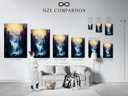 Size comparison chart displayed in an interior setting. The Bear Family Canvas Print is shown in various sizes. See how this mountain forest art fits your space. Visualize nature landscape artwork perfectly.