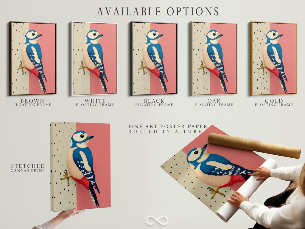 Available options include a stretched canvas print fine art poster paper and a floating frame. Customize your Woodpecker bird art print to match your style. Enjoy this modern art piece in your home office or living room. It makes a unique gift.