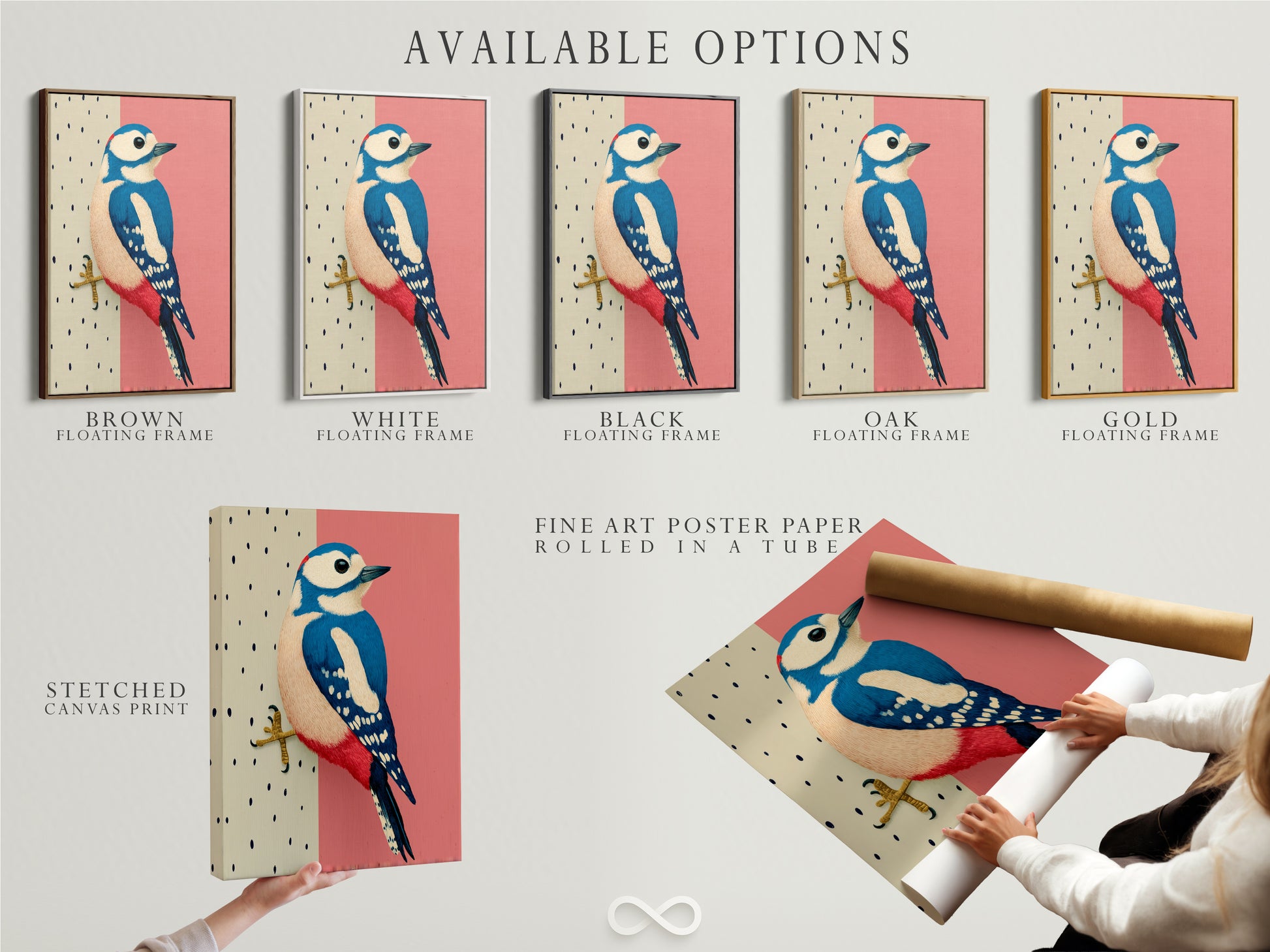 Available options include a stretched canvas print fine art poster paper and a floating frame. Customize your Woodpecker bird art print to match your style. Enjoy this modern art piece in your home office or living room. It makes a unique gift.