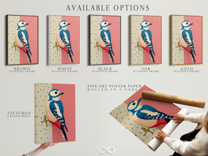 Available options include a stretched canvas print fine art poster paper and a floating frame. Customize your Woodpecker bird art print to match your style. Enjoy this modern art piece in your home office or living room. It makes a unique gift.