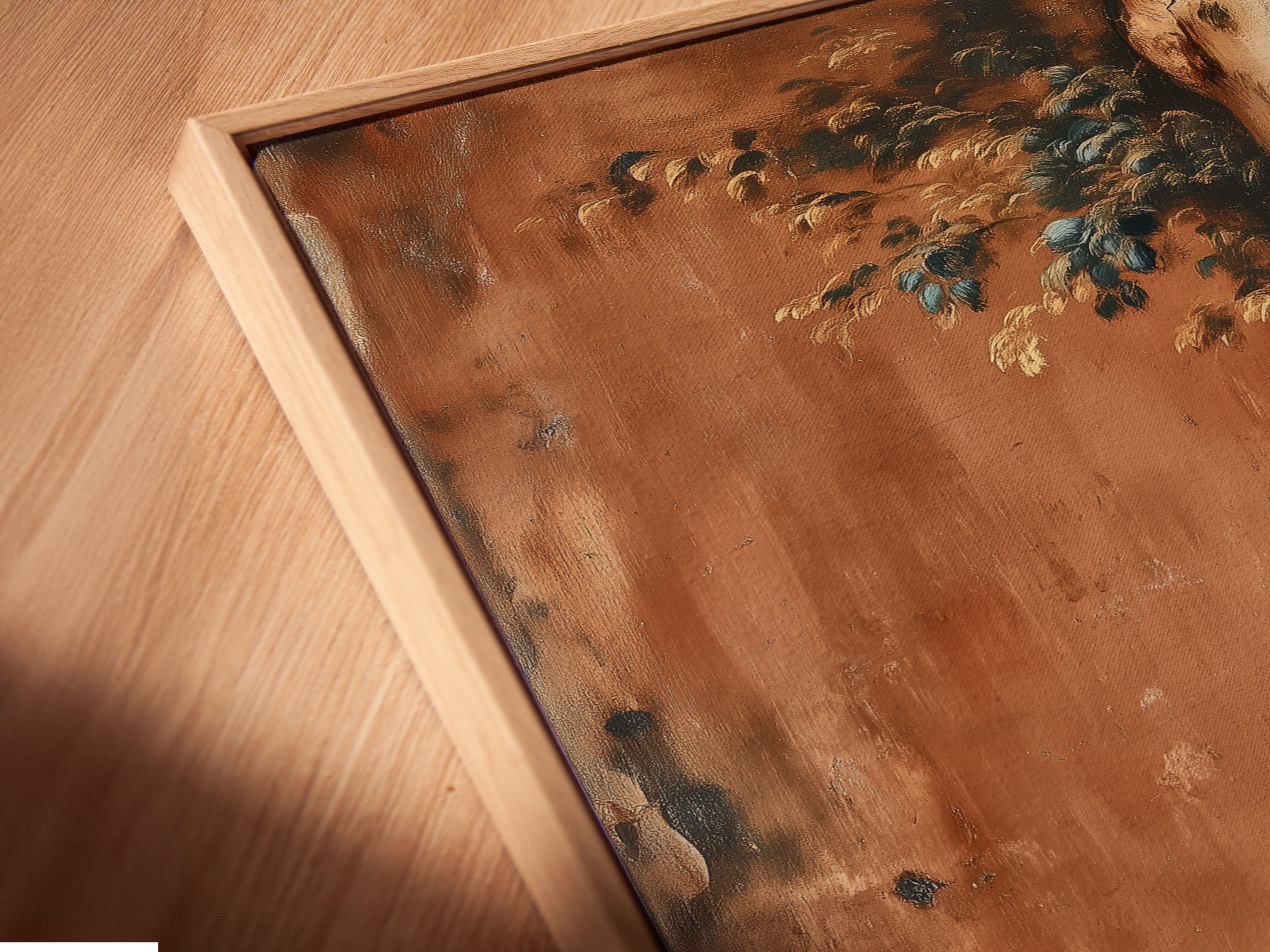 Angled close up of canvas print in floating frame. The floating frame enhances the artwork. It gives the artwork a modern look. The canvas print looks great. The floating frame is sleek and stylish. See the fine details of the rust texture print. The floating frame adds depth.