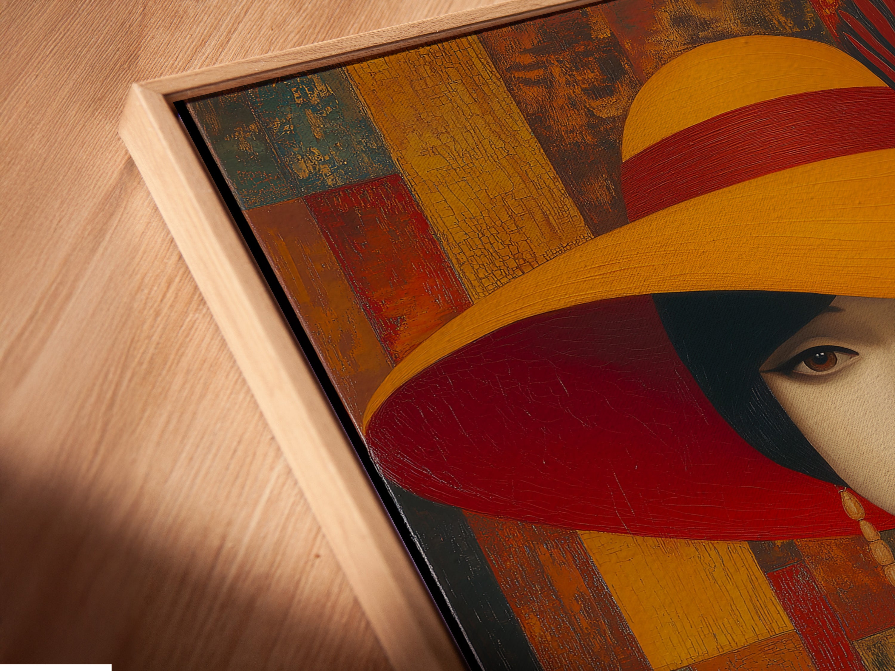 A close-up angled view shows a canvas print in a floating frame. The Art Deco artwork features a vintage woman portrait. The floating frame enhances the elegant lady art.