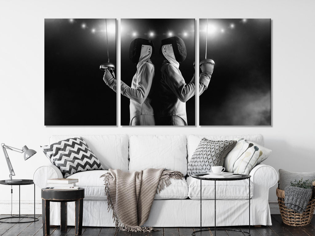 Fencing Canvas Print, Black and White Sports Art, Duel B&W Wall Decor, Fencing Athlete Artwork, Large Fencer Wall Decor, Art Print Gift Idea