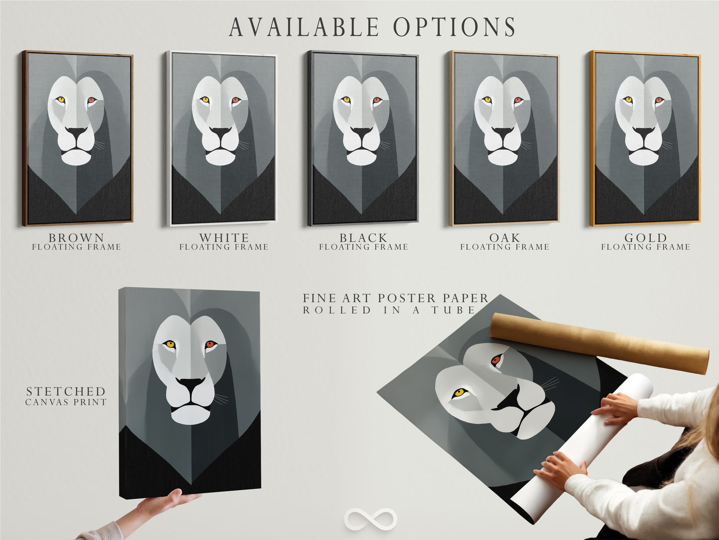 Available options are displayed: stretched canvas print fine art poster paper and floating frame. Choose the perfect option for your artwork. Discover various ways to display your art. Explore our range of framing and printing choices. Find the best fit for your style and needs.