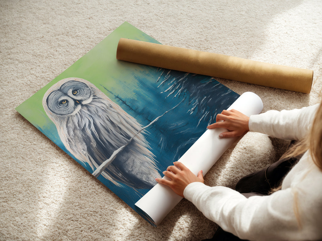 A woman is carefully rolling a fine art poster paper print. High-quality materials ensure a lasting piece of artwork. Get ready to display your new owl wall art. Perfect for adding a touch of nature to your space.