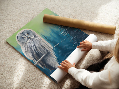 A woman is carefully rolling a fine art poster paper print. High-quality materials ensure a lasting piece of artwork. Get ready to display your new owl wall art. Perfect for adding a touch of nature to your space.