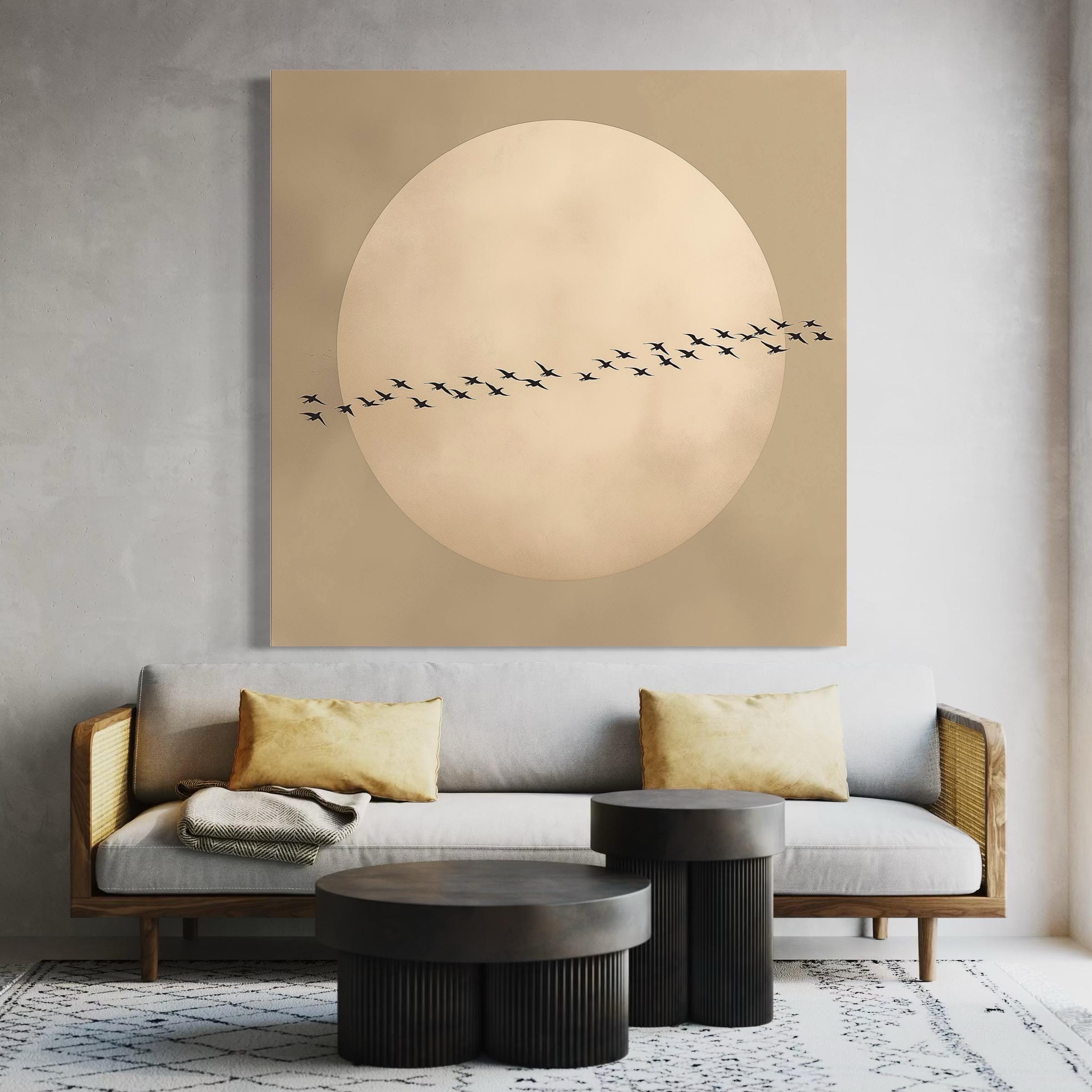 Japandi Moon Wall Art - Flying Flock of Birds Canvas Print, Feng Shui Neutral Decor, Japanese Sun Art, Large Living Room Oriental Wall Decor