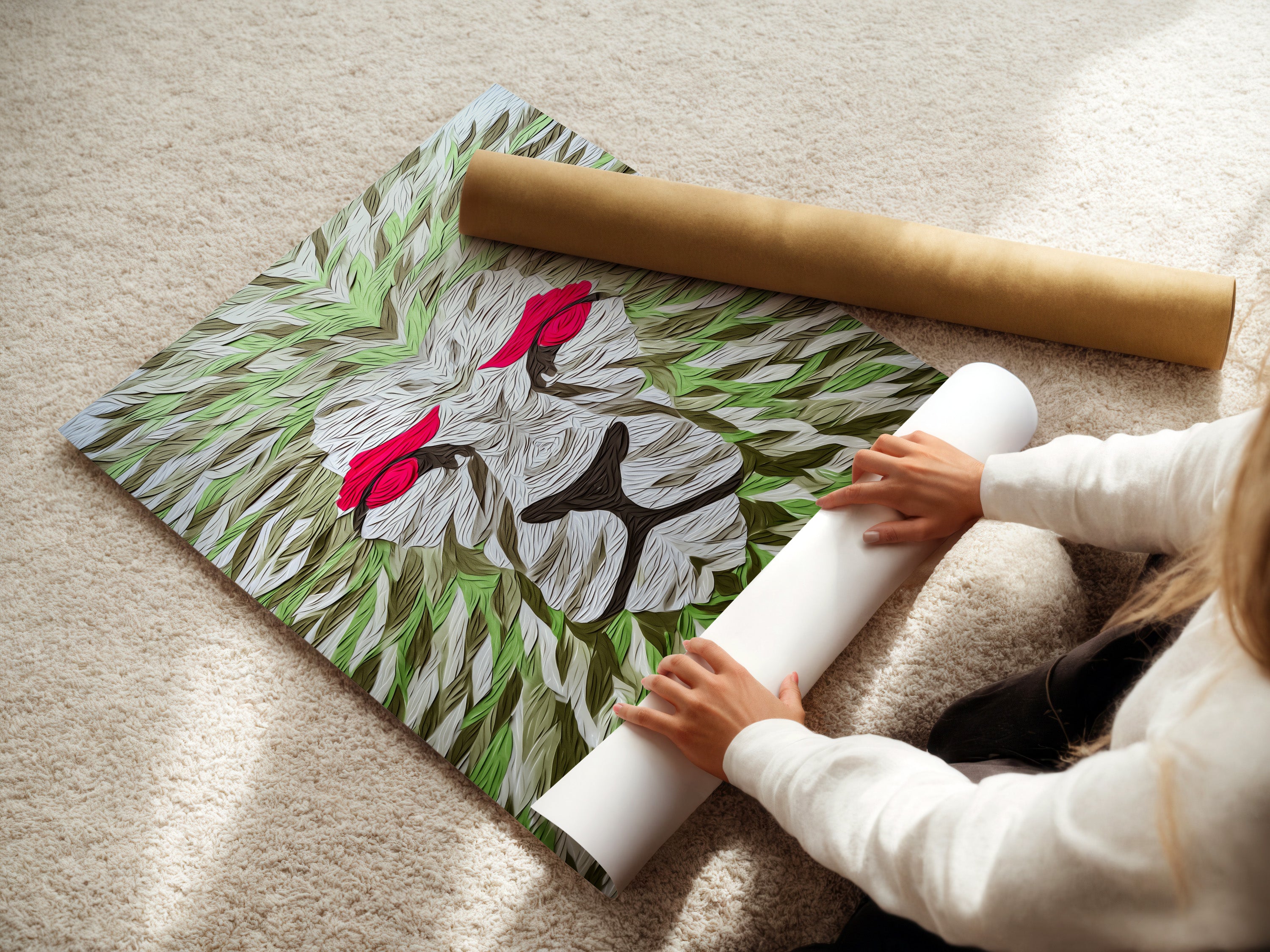 A woman is carefully rolling fine art poster paper. She is preparing the art for display. This shows the care in handling fine art. The poster paper is of high quality. The rolling process ensures no damage. This is how we preserve beautiful artwork for you.