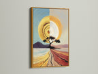 A gold frame highlights the beauty of the Sunrise Tree canvas artwork. The golden frame enhances the warm tones and abstract details. This landscape artwork adds a touch of elegance to your decor. This is a great choice for those seeking modern and stylish wall art.