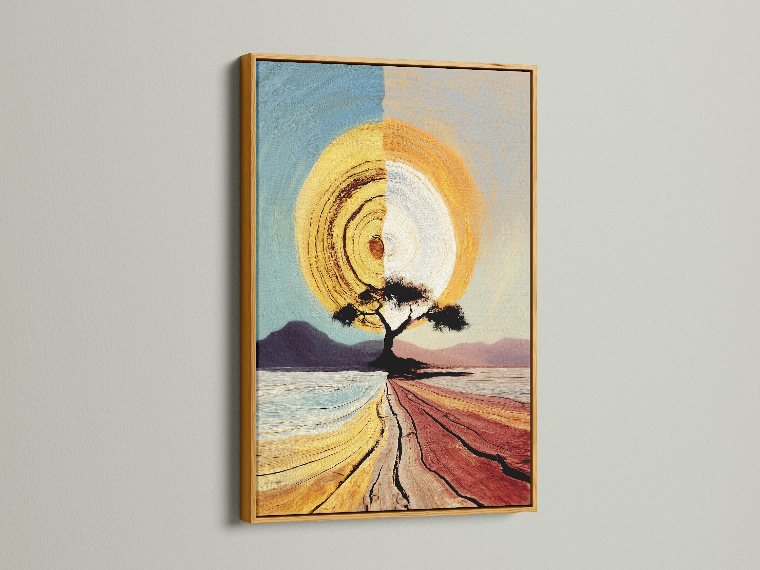 A gold frame highlights the beauty of the Sunrise Tree canvas artwork. The golden frame enhances the warm tones and abstract details. This landscape artwork adds a touch of elegance to your decor. This is a great choice for those seeking modern and stylish wall art.