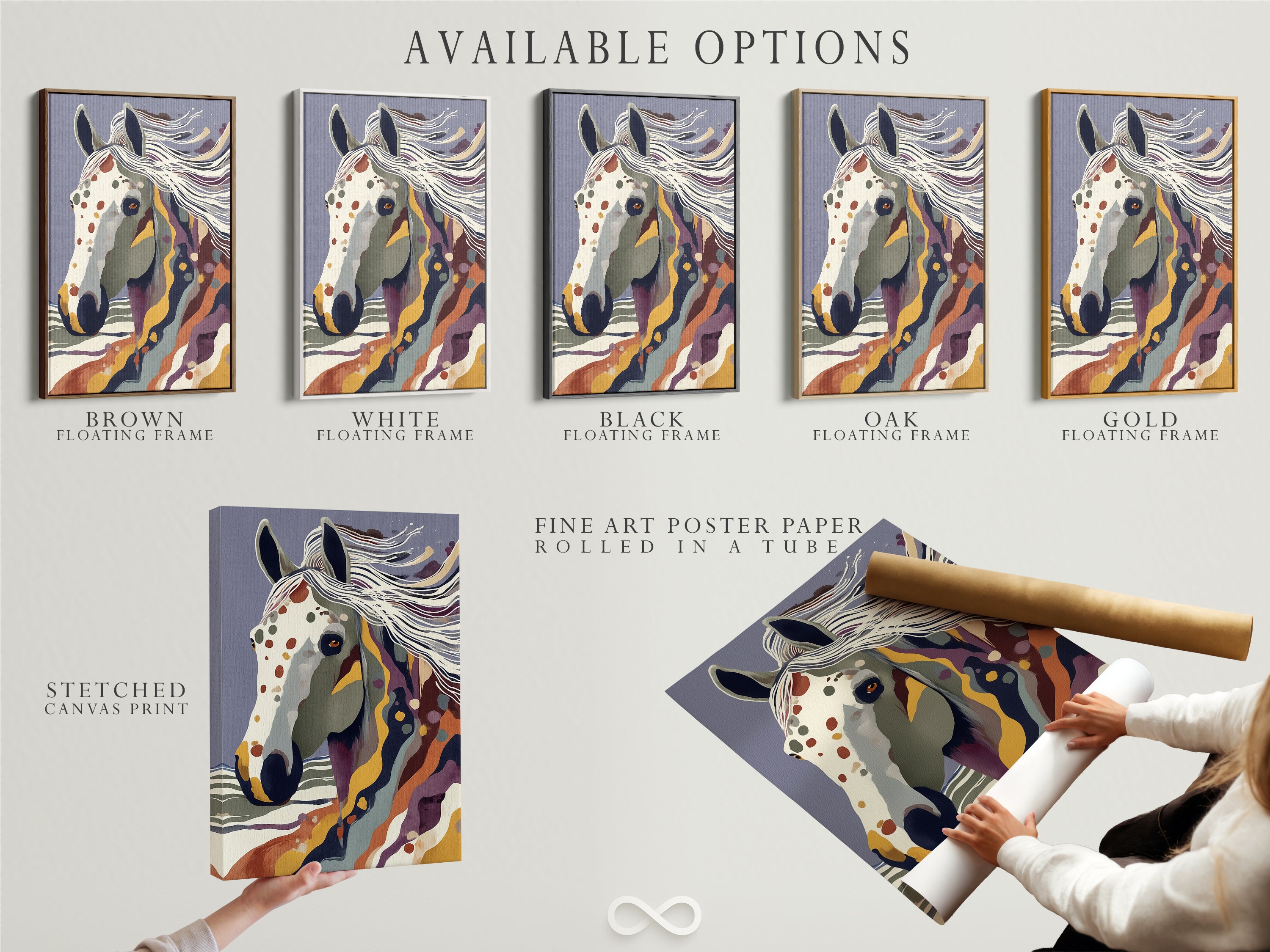 Available options are displayed including a stretched canvas print a fine art poster paper and a floating frame. These options cater to various aesthetic preferences. The abstract horse artwork is versatile. It enhances any space with its unique style.