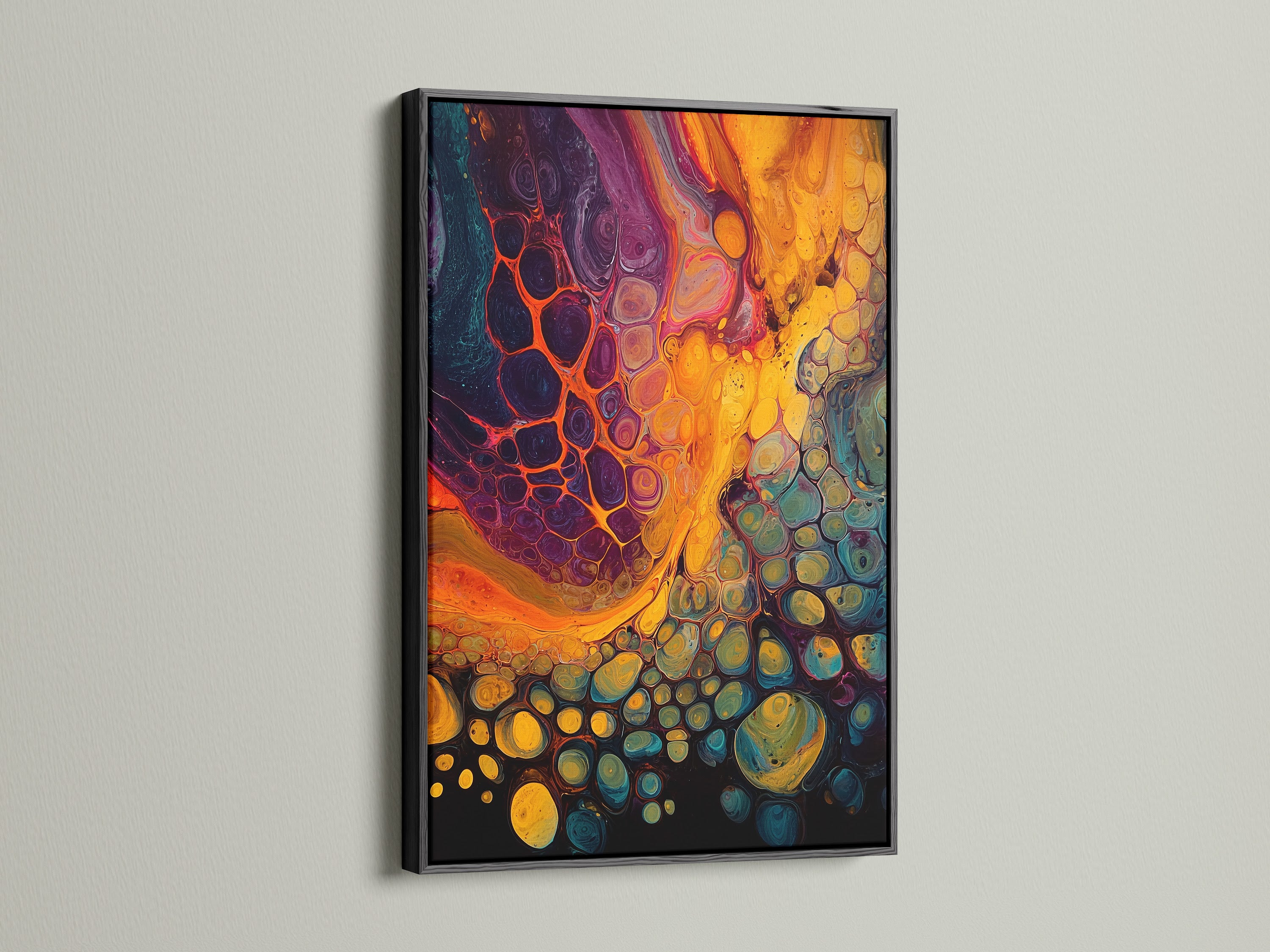 A sleek black frame adds drama to any artwork. This frame contrasts beautifully with a bright abstract piece. The dark border creates a bold sophisticated look. A classic choice for a gallery-style presentation. Make a statement with framed art.