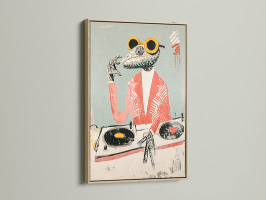 A close-up showcases a framed Frog DJ art print. The oak frame enhances the retro music poster. The wooden texture adds warmth to the quirky animal artwork. It is ideal for office wall decor. The grey secondary color complements the coral pink art.