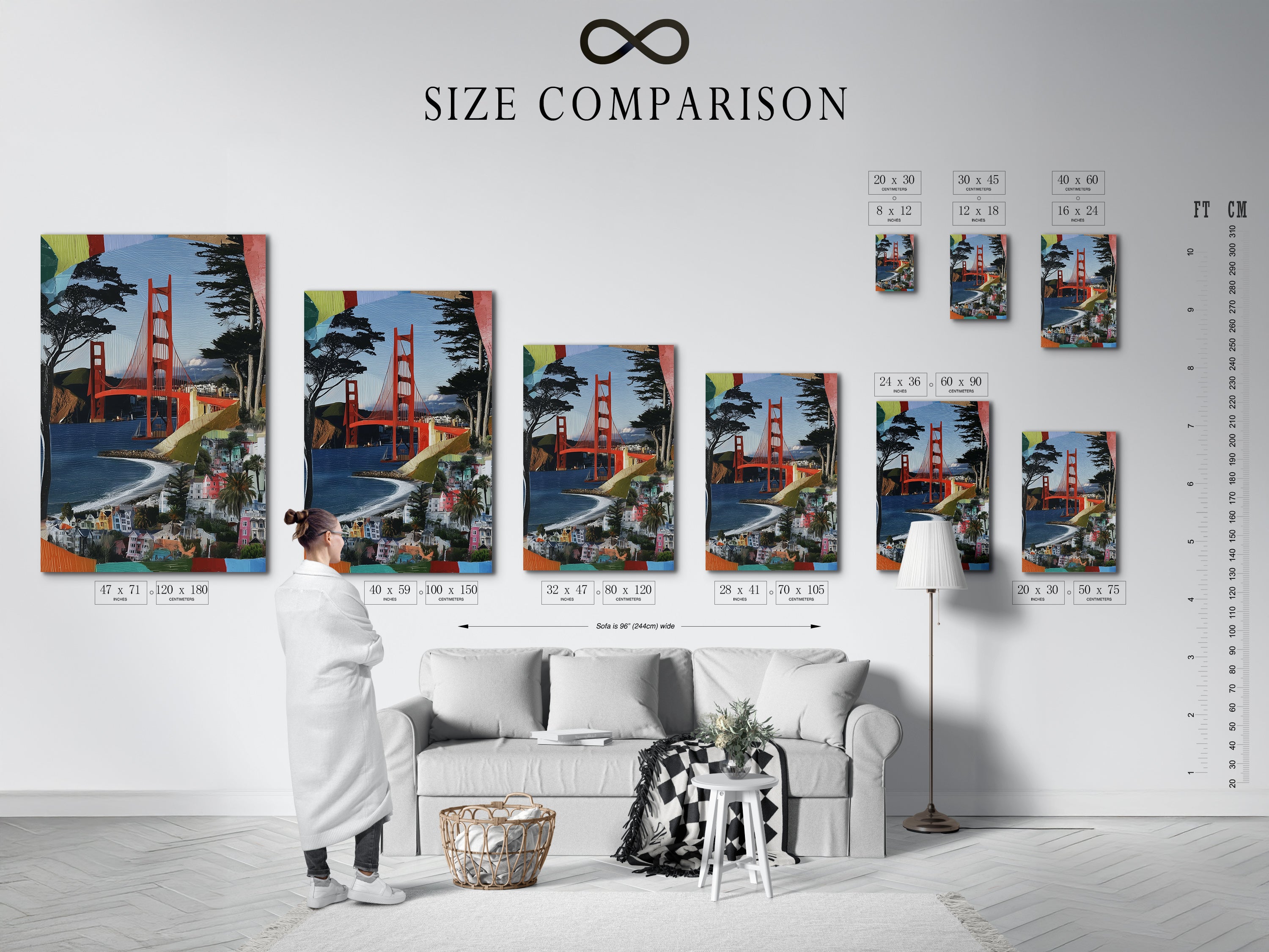 A size comparison chart is displayed in an interior setting. Visualize the perfect fit for your Golden Gate Bridge artwork. Choose the ideal size for your San Francisco wall art. Enhance your space with this city skyline.
