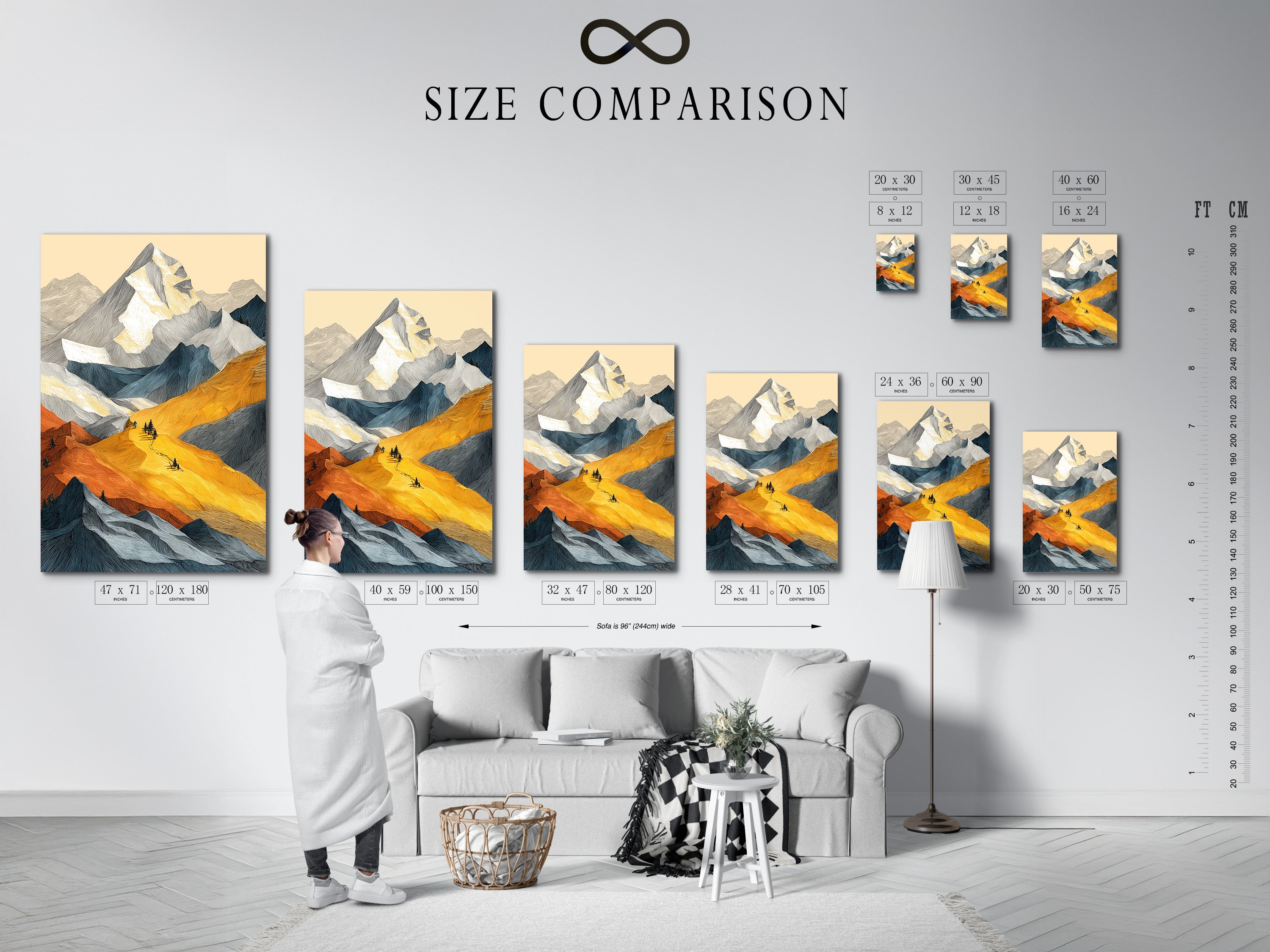 This size comparison chart shows the mountain landscape artwork in an interior setting. It helps visualize the different sizes available. Alpine peaks and golden autumn colors create a modern nature print. See how it fits in your space.