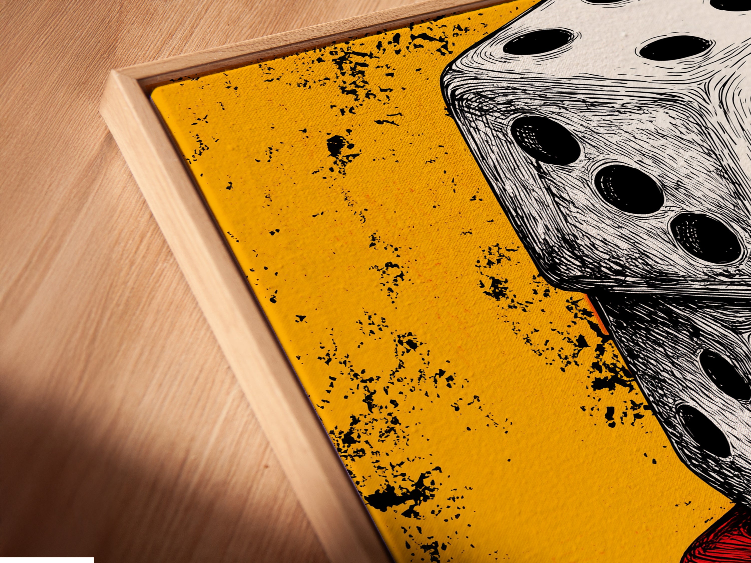 Angled close up of a Vintage Dice canvas print in a floating frame. Perfect for those seeking vibrant modern wall art. Great for game rooms dorms and studios. This artwork is a colorful addition