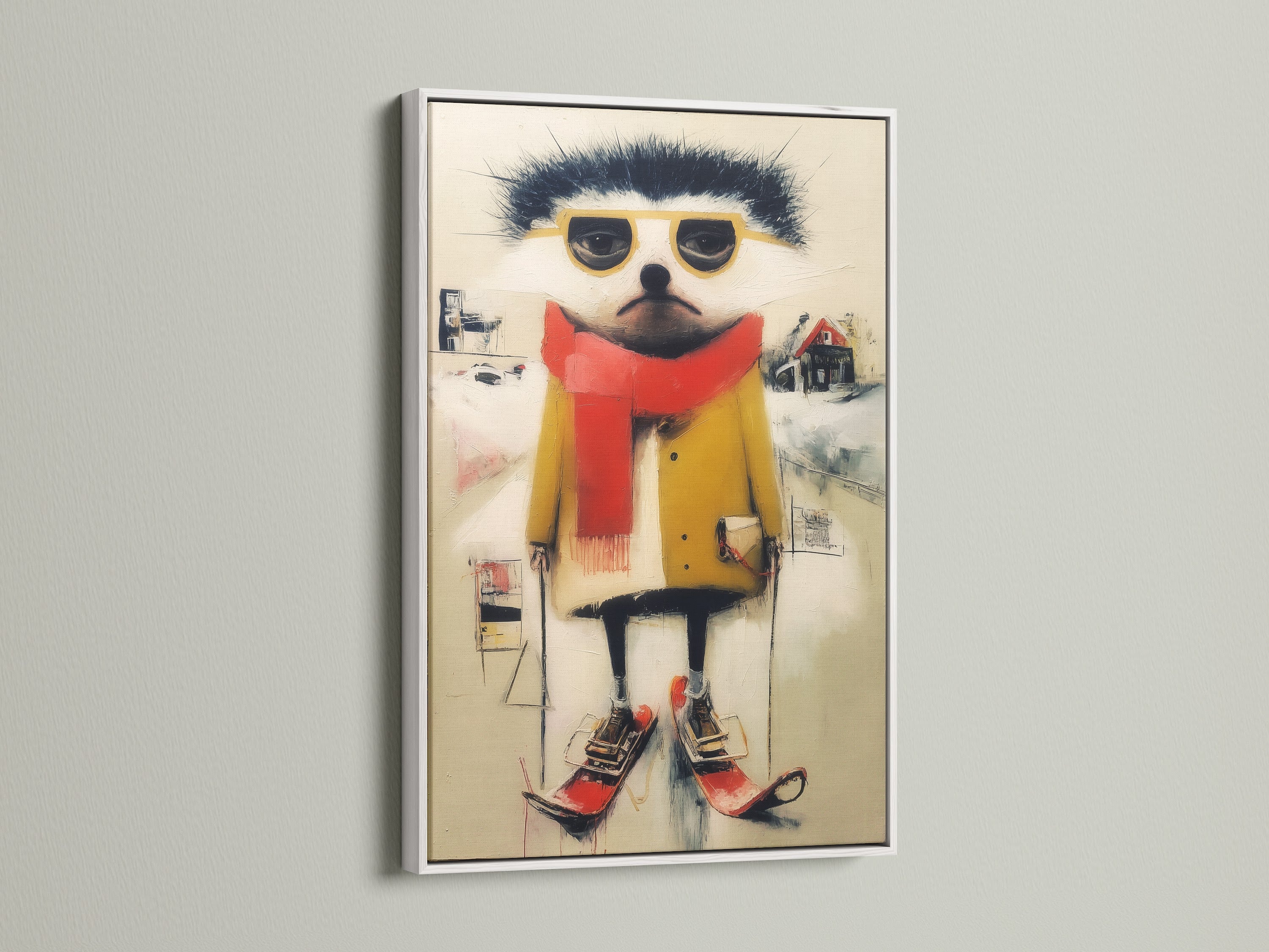 White frame displaying a whimsical ski animal artwork. A fun piece for kids' rooms or cafes. This winter wall decor adds a light touch. Discover how this quirky art enhances contemporary folk style interiors