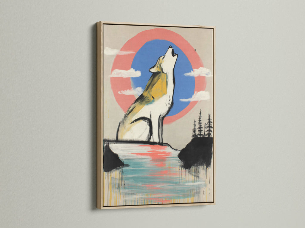 A close-up of an oak frame showcasing a wolf artwork. The piece has a howling wolf set against a modern abstract coral blue sky. Enhance your cabin or home with this wildlife canvas art. Ideal for a nature wall decor theme. A beautiful wilderness print.