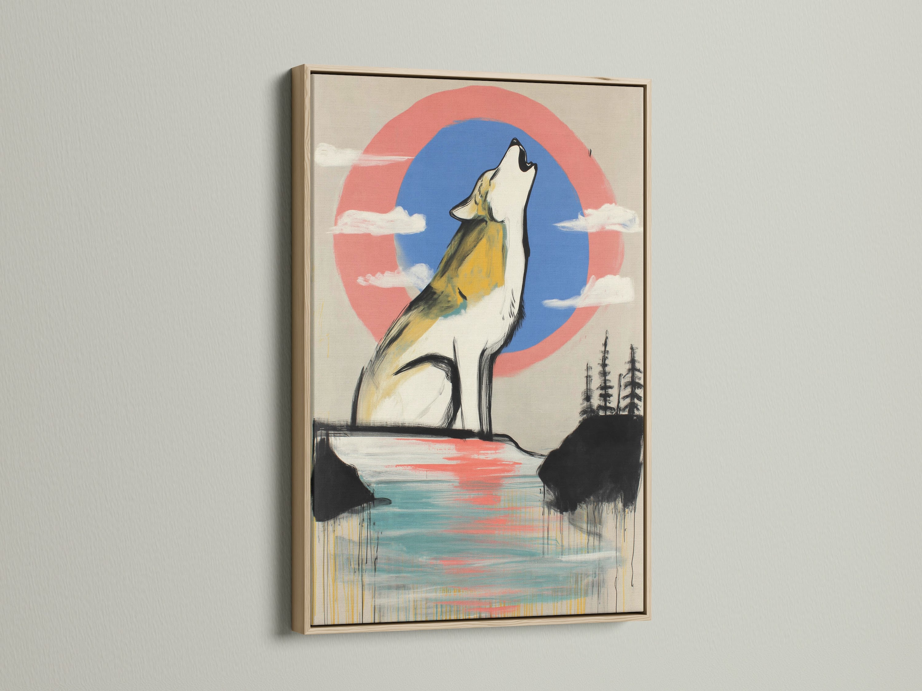 A close-up of an oak frame showcasing a wolf artwork. The piece has a howling wolf set against a modern abstract coral blue sky. Enhance your cabin or home with this wildlife canvas art. Ideal for a nature wall decor theme. A beautiful wilderness print.