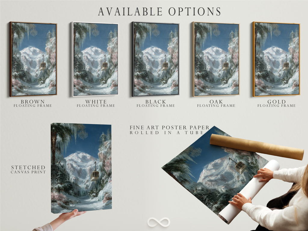Available options for the Winter Cabin artwork. Choose from stretched canvas print fine art poster paper or floating frame. Customize the art to match your unique style. Perfect for personalized home decor.