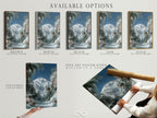 Available options for the Winter Cabin artwork. Choose from stretched canvas print fine art poster paper or floating frame. Customize the art to match your unique style. Perfect for personalized home decor.