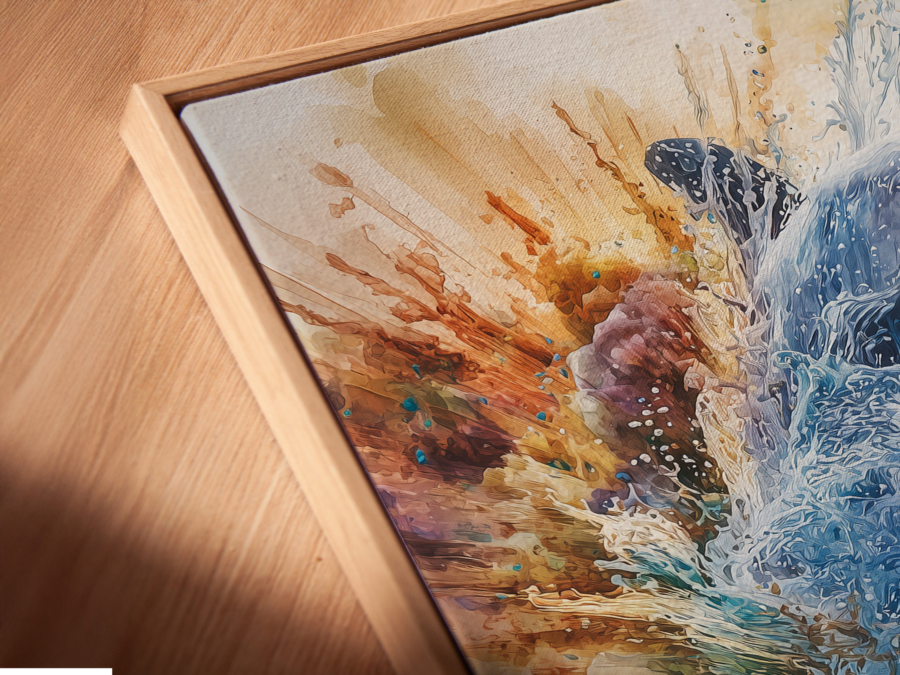 A close-up of a canvas print is featured in a floating frame. See the seamless integration of art and frame. The floating frame adds depth and dimension. Discover the beauty of floating frames for your canvas prints.