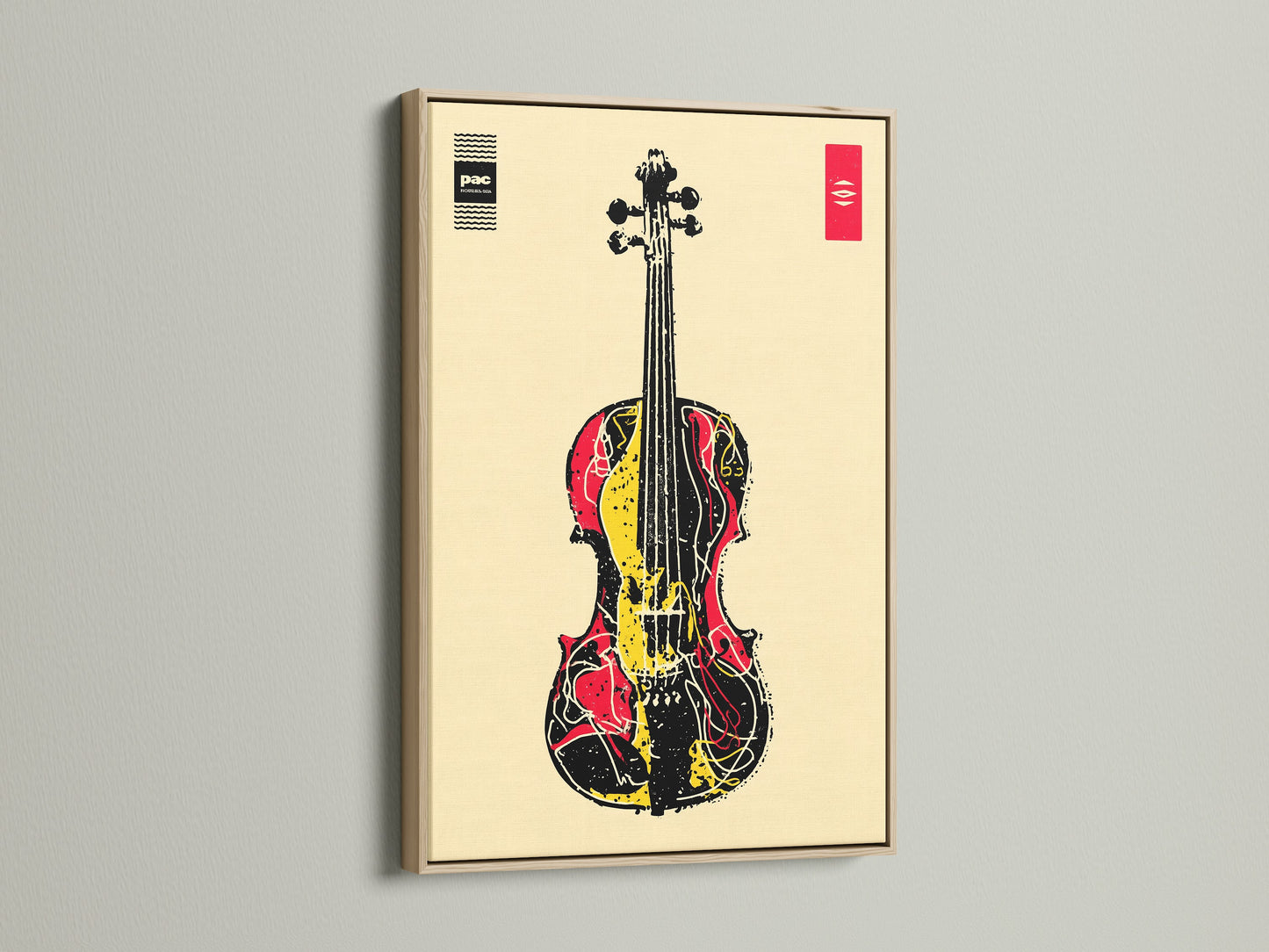 The oak frame displays abstract musical instrument artwork. This violin art print is ideal for music enthusiasts. This artwork complements modern minimalist or eclectic styles. Great for music rooms band rooms studios and music schools. Enhance your space with this contemporary wall decor.