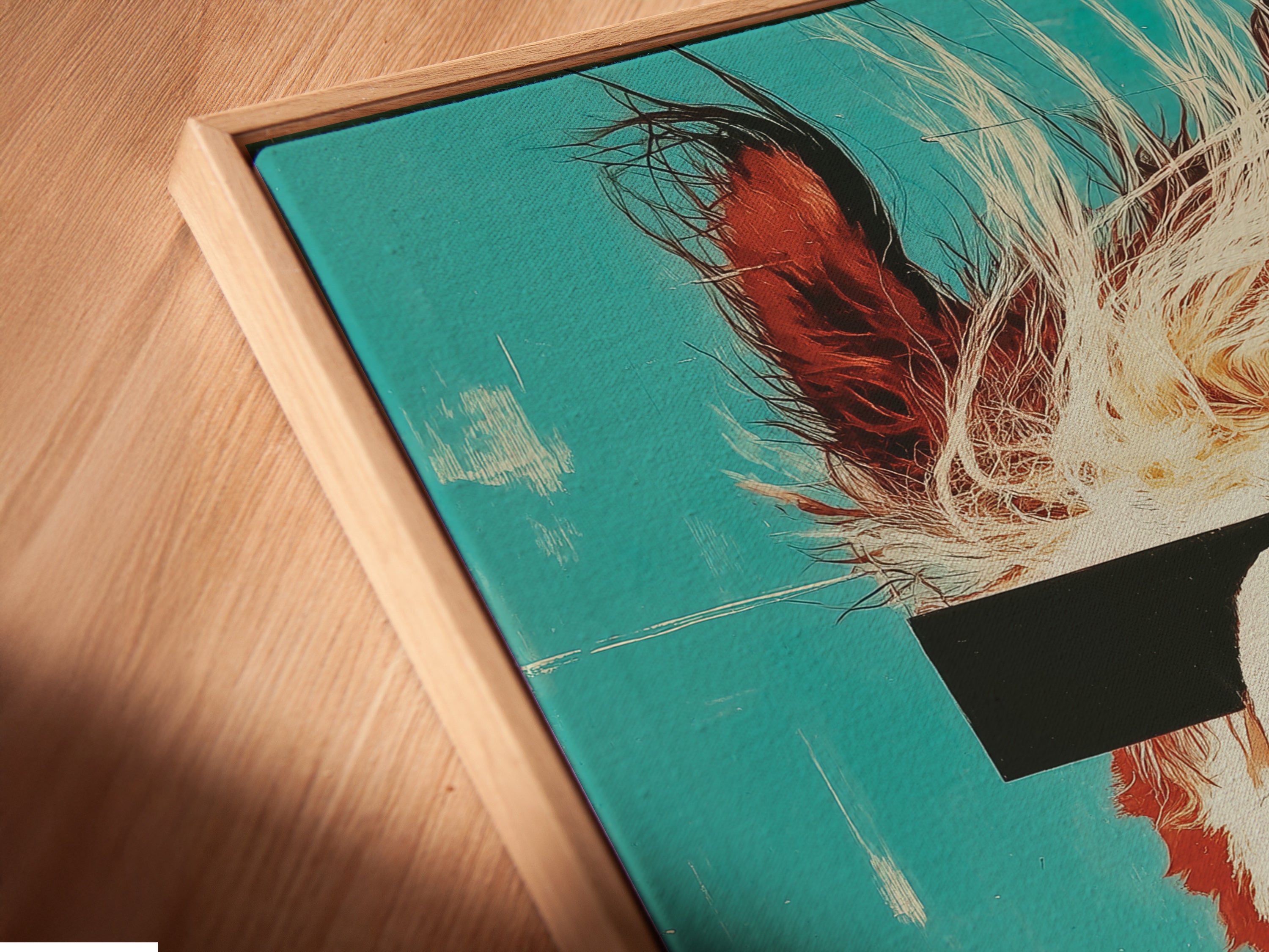 Angled close-up of a llama canvas print in a floating frame. The frame enhances the retro teal and orange colors. It is a modern animal art piece. The floating frame gives a gallery look.
