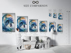 A size comparison chart is displayed in an interior setting. Showing dolphin artwork. This chart helps you visualize the artwork. See how it fits in your space. Choose the perfect size for your home