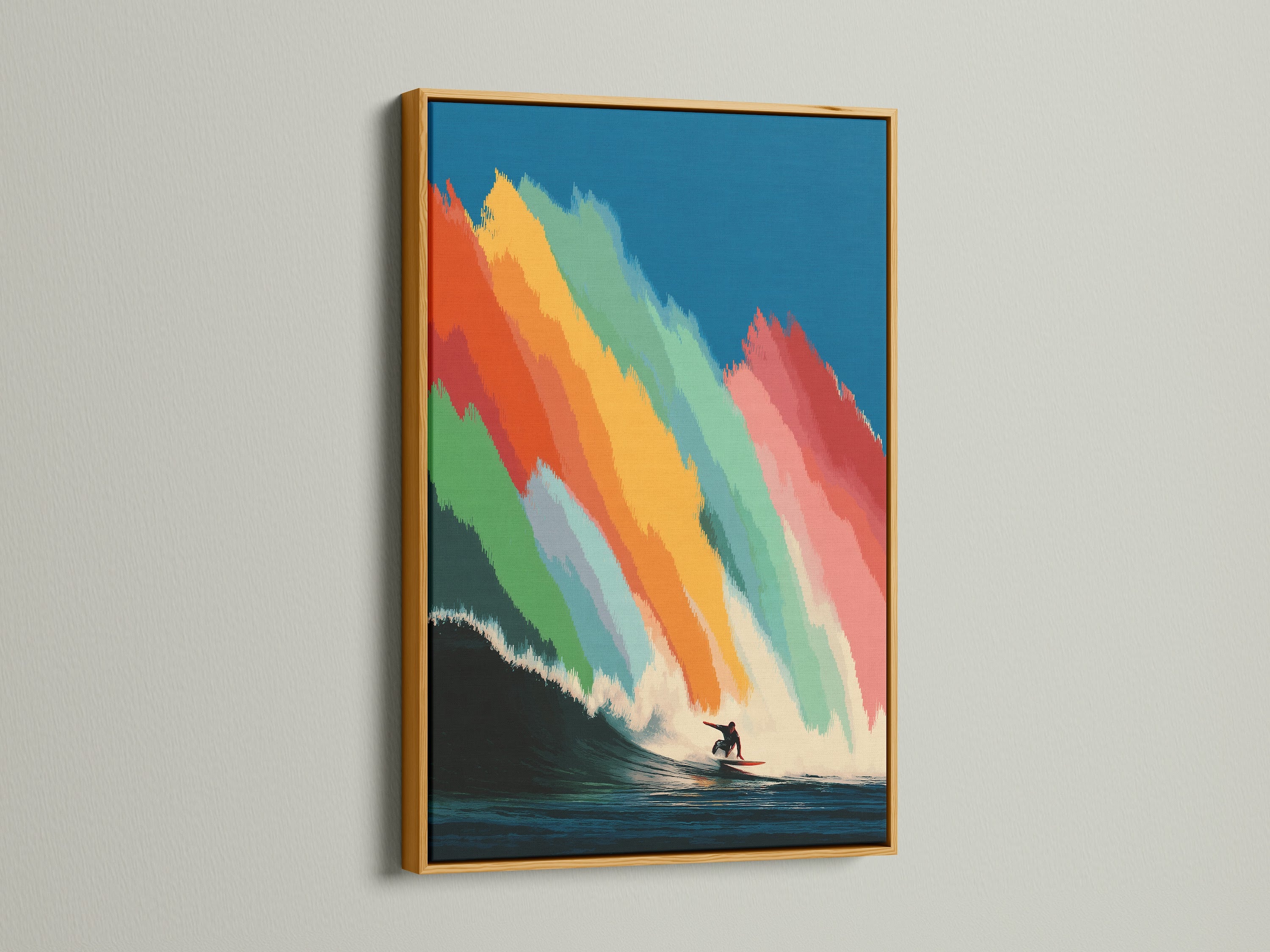 A surfer wall art canvas is elegantly presented in a gold frame. The gold frame enhances the artwork's vibrant colors and adds a touch of luxury. It is a perfect way to elevate your beach house decor. The abstract ocean artwork creates a stylish coastal vibe.