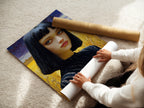 A woman rolls a fine art poster paper. High-quality materials ensure this gothic portrait art looks great. Dark moody art adds depth to this contemporary woman painting. Buy modern portrait art today.